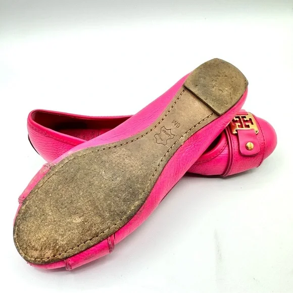 TORY BURCH PINK LEATHER LOAFER BALLERINA FLATS GOLD ORNEMENTS SIZE 6 - Picture 14 of 17